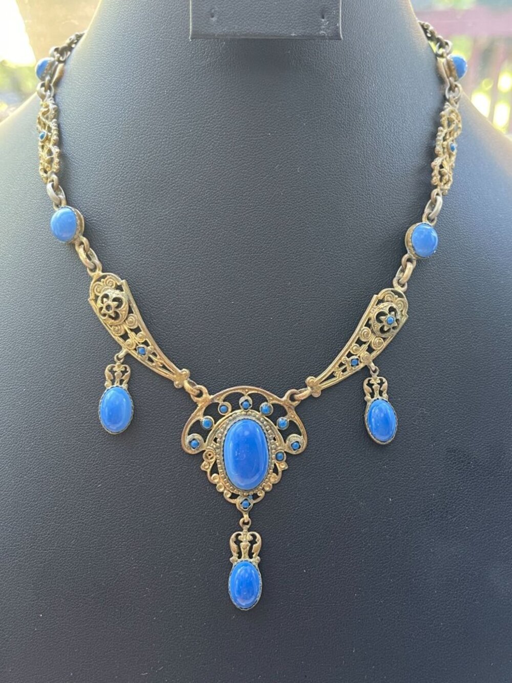 Vtg Art Nouveau Blue Glass Stone Gold Tone Necklace Signed Made in France - Picture 4 of 16